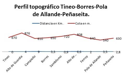 Perfil topográfico Tineo-Borres-Pola de Allande-Peñaseita. Camino Primitivo a Santiado. Etapa 3